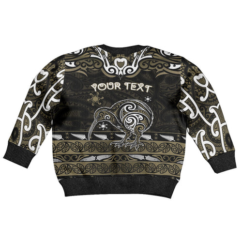 Personalised Waikato Tainui Aotearoa Meri Kirihimete Kid Ugly Christmas Sweater Maori Kiwi Bird Silver Fern Koru Pattern
