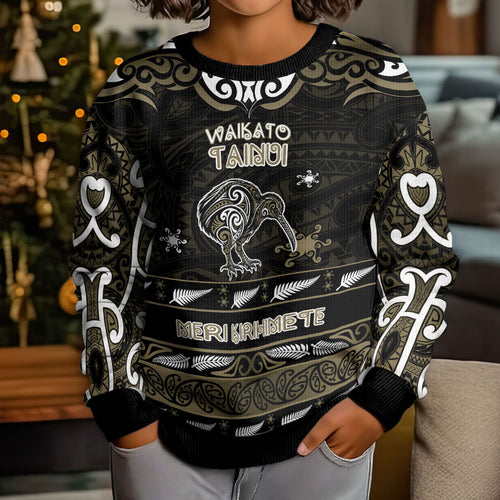 Personalised Waikato Tainui Aotearoa Meri Kirihimete Kid Ugly Christmas Sweater Maori Kiwi Bird Silver Fern Koru Pattern