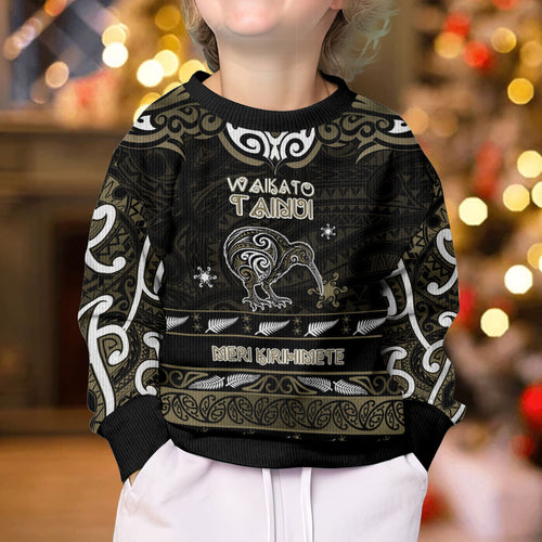 Personalised Waikato Tainui Aotearoa Meri Kirihimete Kid Ugly Christmas Sweater Maori Kiwi Bird Silver Fern Koru Pattern
