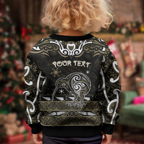 Personalised Waikato Tainui Aotearoa Meri Kirihimete Kid Ugly Christmas Sweater Maori Kiwi Bird Silver Fern Koru Pattern