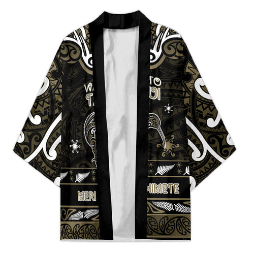 Personalised Waikato Tainui Aotearoa Meri Kirihimete Kimono Maori Kiwi Bird Silver Fern Koru Pattern