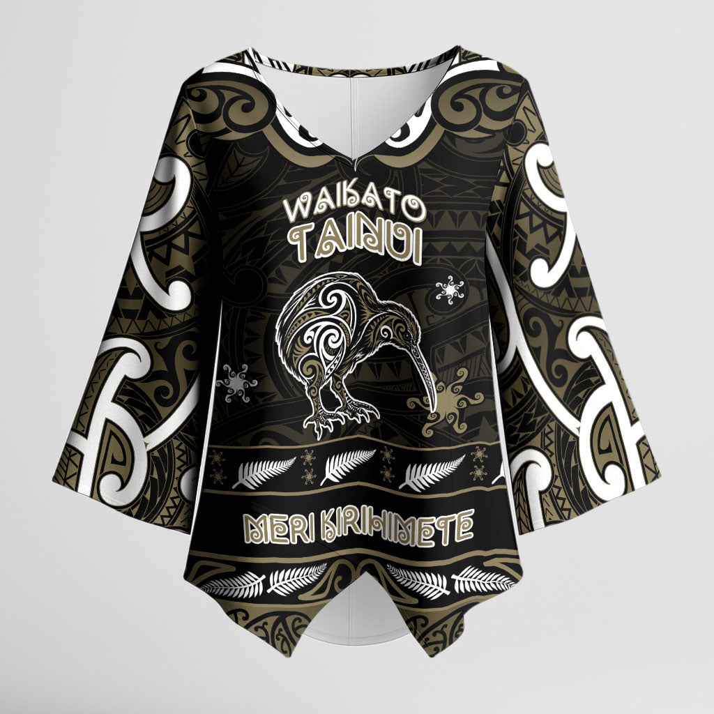 Personalised Waikato Tainui Aotearoa Meri Kirihimete Kimono Sleeve Blouse Maori Kiwi Bird Silver Fern Koru Pattern