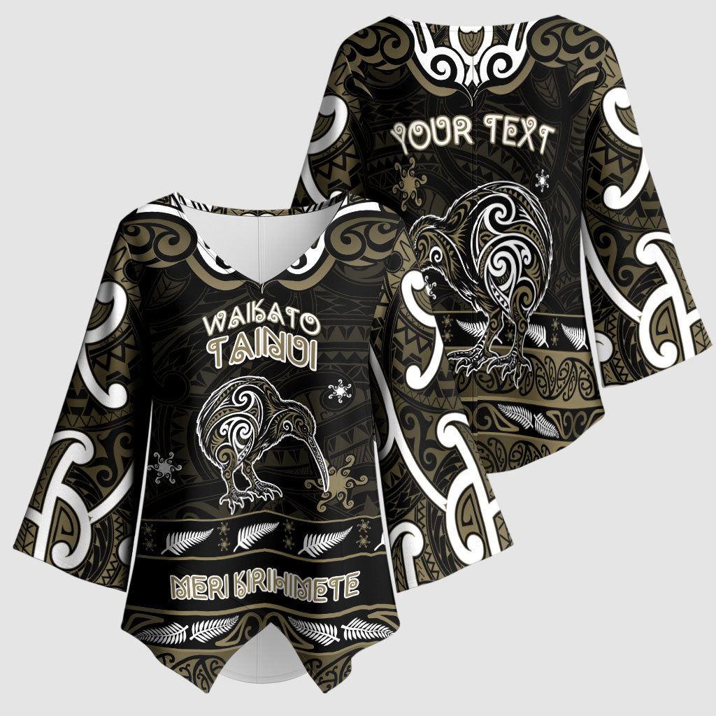 Personalised Waikato Tainui Aotearoa Meri Kirihimete Kimono Sleeve Blouse Maori Kiwi Bird Silver Fern Koru Pattern