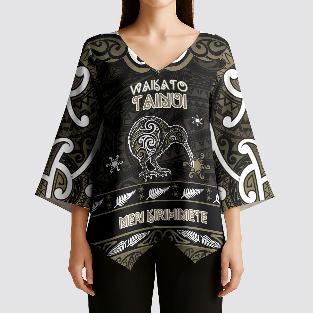 Personalised Waikato Tainui Aotearoa Meri Kirihimete Kimono Sleeve Blouse Maori Kiwi Bird Silver Fern Koru Pattern