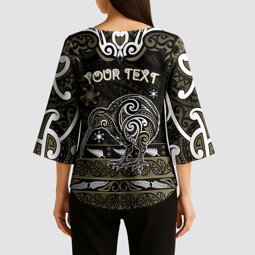 Personalised Waikato Tainui Aotearoa Meri Kirihimete Kimono Sleeve Blouse Maori Kiwi Bird Silver Fern Koru Pattern