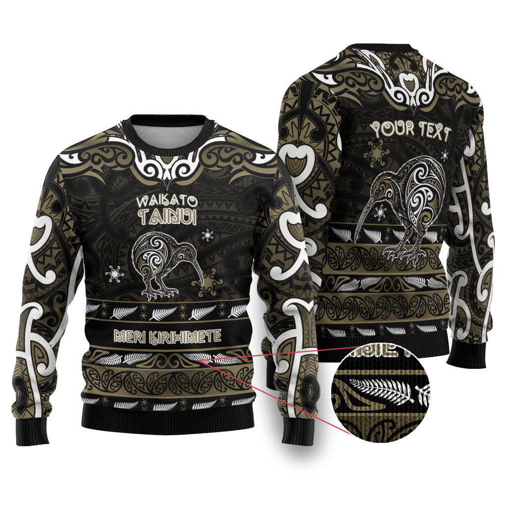 Personalised Waikato Tainui Aotearoa Meri Kirihimete Ugly Christmas Sweater Maori Kiwi Bird Silver Fern Koru Pattern