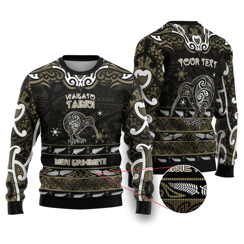 Personalised Waikato Tainui Aotearoa Meri Kirihimete Ugly Christmas Sweater Maori Kiwi Bird Silver Fern Koru Pattern
