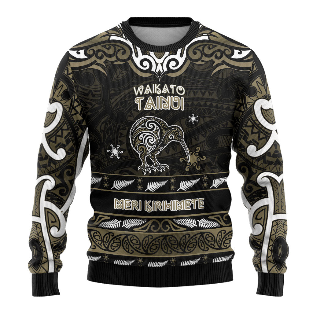 Personalised Waikato Tainui Aotearoa Meri Kirihimete Ugly Christmas Sweater Maori Kiwi Bird Silver Fern Koru Pattern