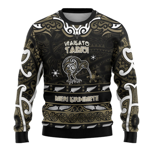 Personalised Waikato Tainui Aotearoa Meri Kirihimete Ugly Christmas Sweater Maori Kiwi Bird Silver Fern Koru Pattern