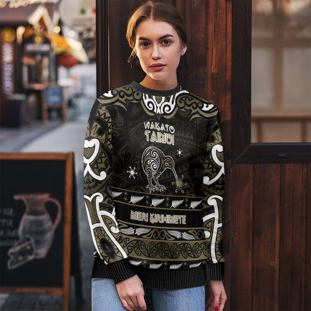 Personalised Waikato Tainui Aotearoa Meri Kirihimete Ugly Christmas Sweater Maori Kiwi Bird Silver Fern Koru Pattern
