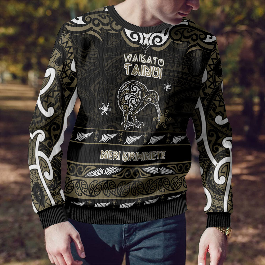 Personalised Waikato Tainui Aotearoa Meri Kirihimete Ugly Christmas Sweater Maori Kiwi Bird Silver Fern Koru Pattern