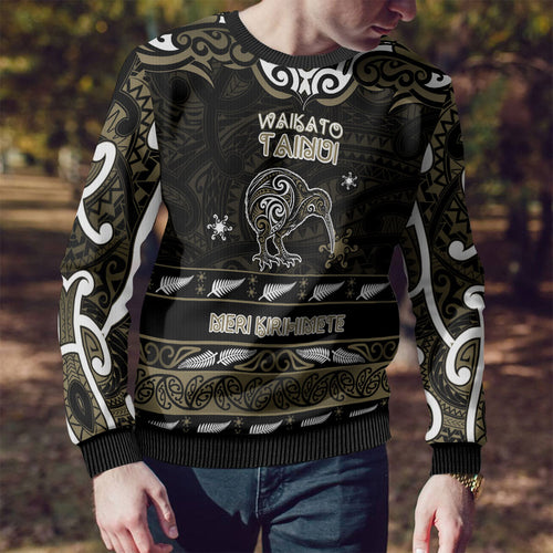 Personalised Waikato Tainui Aotearoa Meri Kirihimete Ugly Christmas Sweater Maori Kiwi Bird Silver Fern Koru Pattern