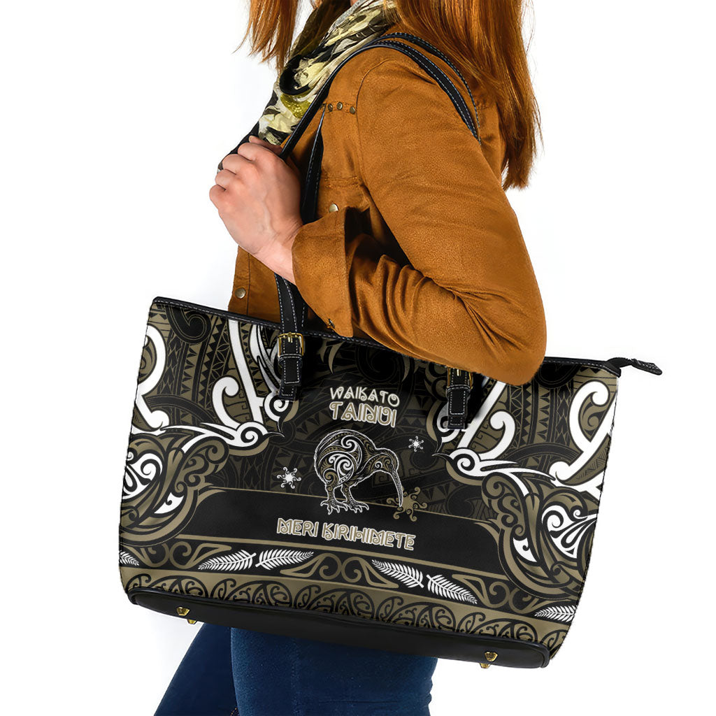 Waikato Tainui Aotearoa Meri Kirihimete Leather Tote Bag Maori Kiwi Bird Silver Fern Koru Pattern