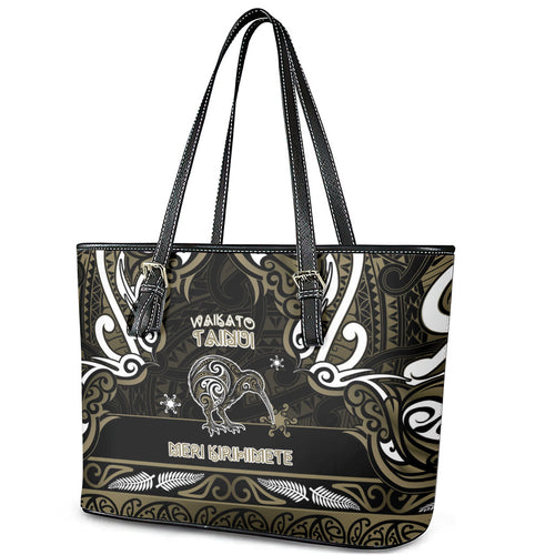Waikato Tainui Aotearoa Meri Kirihimete Leather Tote Bag Maori Kiwi Bird Silver Fern Koru Pattern
