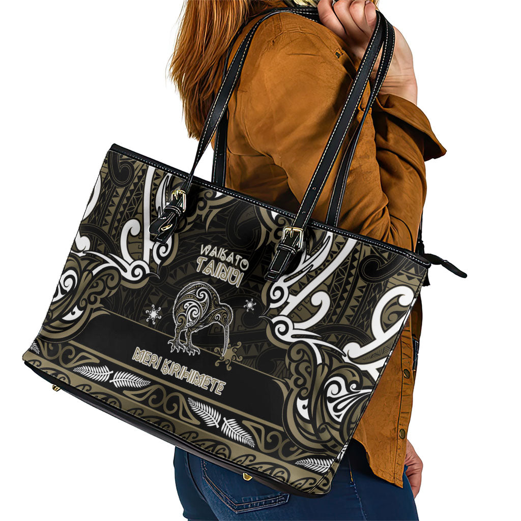 Waikato Tainui Aotearoa Meri Kirihimete Leather Tote Bag Maori Kiwi Bird Silver Fern Koru Pattern