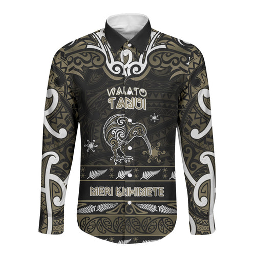 Personalised Waikato Tainui Aotearoa Meri Kirihimete Long Sleeve Button Shirt Maori Kiwi Bird Silver Fern Koru Pattern