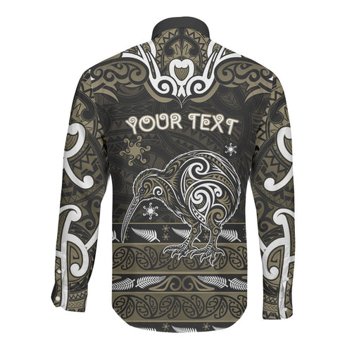 Personalised Waikato Tainui Aotearoa Meri Kirihimete Long Sleeve Button Shirt Maori Kiwi Bird Silver Fern Koru Pattern