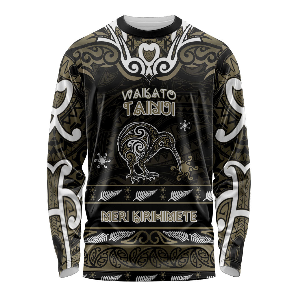 Personalised Waikato Tainui Aotearoa Meri Kirihimete Long Sleeve Shirt Maori Kiwi Bird Silver Fern Koru Pattern