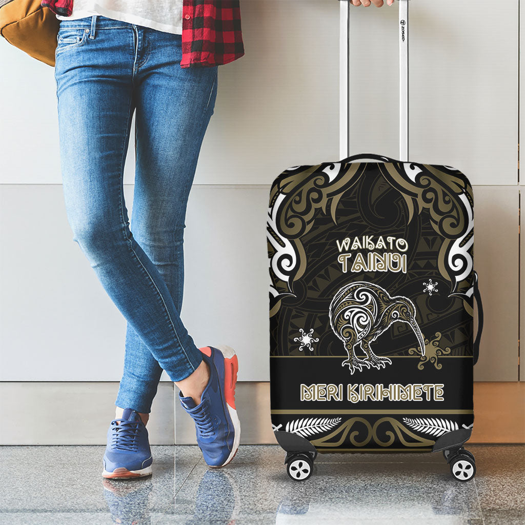 Waikato Tainui Aotearoa Meri Kirihimete Luggage Cover Maori Kiwi Bird Silver Fern Koru Pattern