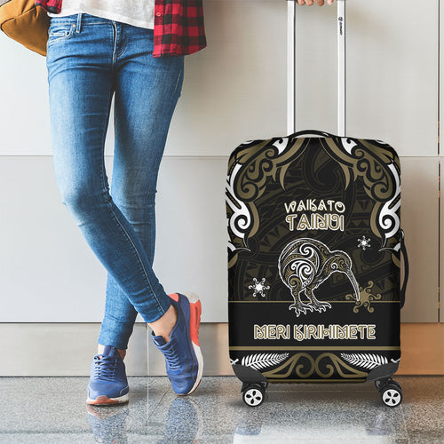 Waikato Tainui Aotearoa Meri Kirihimete Luggage Cover Maori Kiwi Bird Silver Fern Koru Pattern