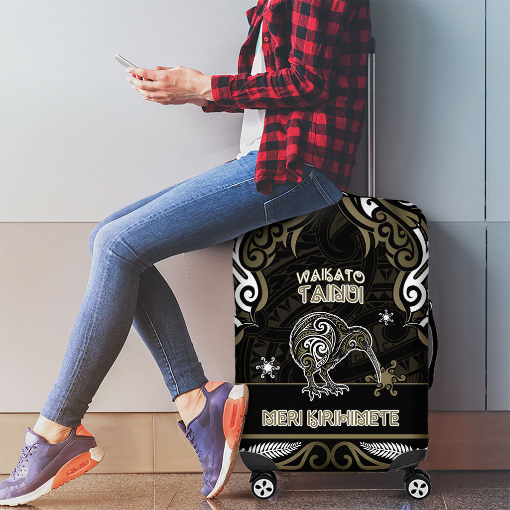 Waikato Tainui Aotearoa Meri Kirihimete Luggage Cover Maori Kiwi Bird Silver Fern Koru Pattern