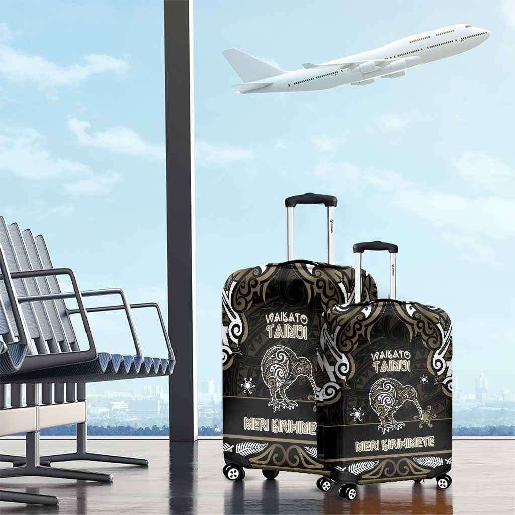 Waikato Tainui Aotearoa Meri Kirihimete Luggage Cover Maori Kiwi Bird Silver Fern Koru Pattern