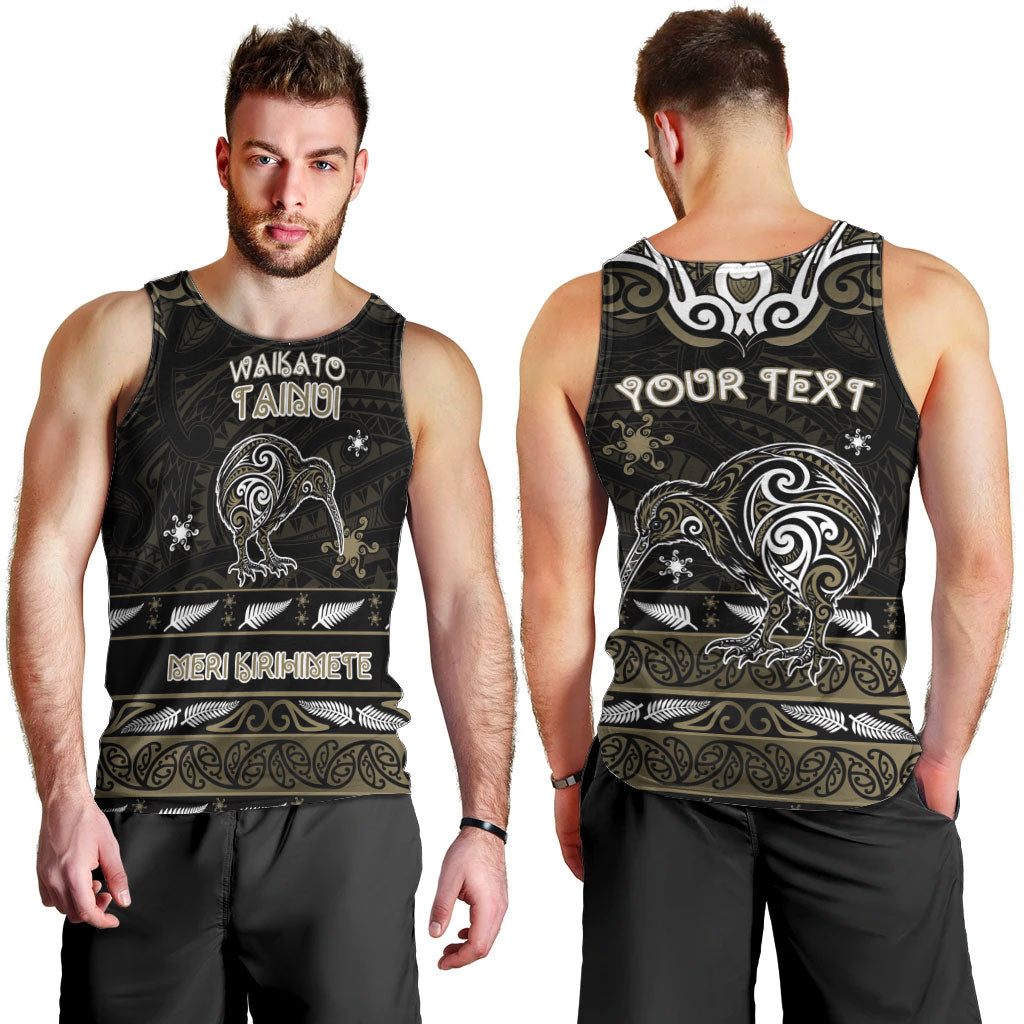 Personalised Waikato Tainui Aotearoa Meri Kirihimete Men Tank Top Maori Kiwi Bird Silver Fern Koru Pattern