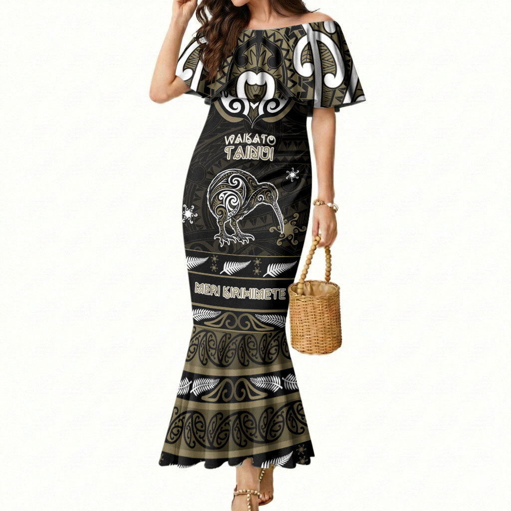 Personalised Waikato Tainui Aotearoa Meri Kirihimete Mermaid Dress Maori Kiwi Bird Silver Fern Koru Pattern