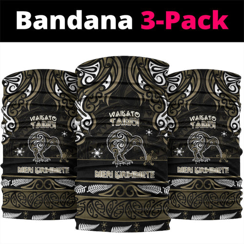 Waikato Tainui Aotearoa Meri Kirihimete Neck Gaiter Maori Kiwi Bird Silver Fern Koru Pattern