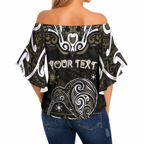 Personalised Waikato Tainui Aotearoa Meri Kirihimete Off Shoulder Wrap Waist Top Maori Kiwi Bird Silver Fern Koru Pattern