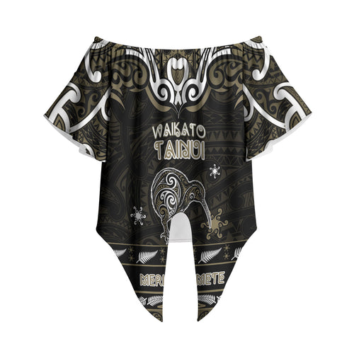 Personalised Waikato Tainui Aotearoa Meri Kirihimete Off Shoulder Wrap Waist Top Maori Kiwi Bird Silver Fern Koru Pattern