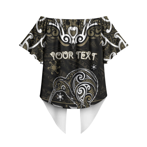 Personalised Waikato Tainui Aotearoa Meri Kirihimete Off Shoulder Wrap Waist Top Maori Kiwi Bird Silver Fern Koru Pattern