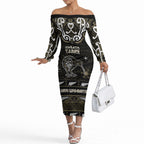 Personalised Waikato Tainui Aotearoa Meri Kirihimete Off The Shoulder Long Sleeve Dress Maori Kiwi Bird Silver Fern Koru Pattern
