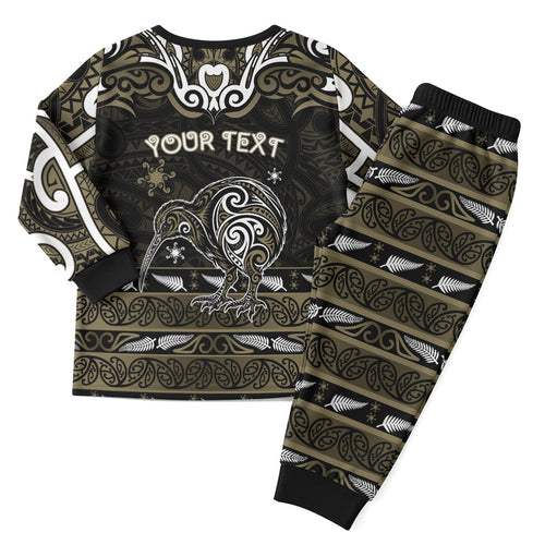 Personalised Waikato Tainui Aotearoa Meri Kirihimete Christmas Pajama Set Maori Kiwi Bird Silver Fern Koru Pattern