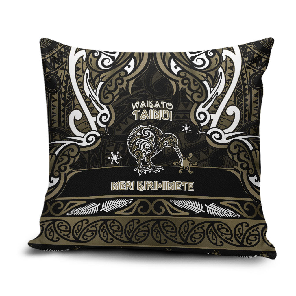 Waikato Tainui Aotearoa Meri Kirihimete Pillow Cover Maori Kiwi Bird Silver Fern Koru Pattern