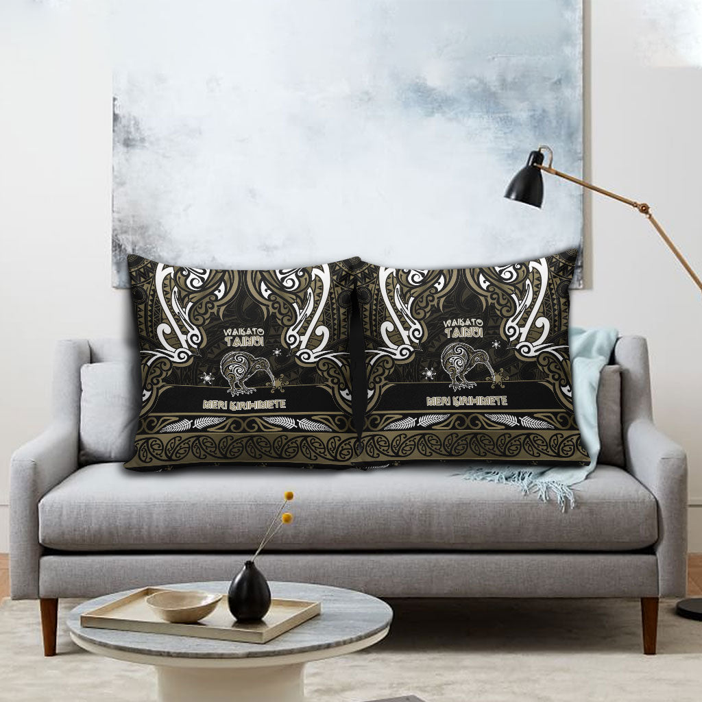 Waikato Tainui Aotearoa Meri Kirihimete Pillow Cover Maori Kiwi Bird Silver Fern Koru Pattern