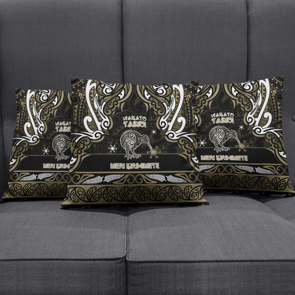 Waikato Tainui Aotearoa Meri Kirihimete Pillow Cover Maori Kiwi Bird Silver Fern Koru Pattern