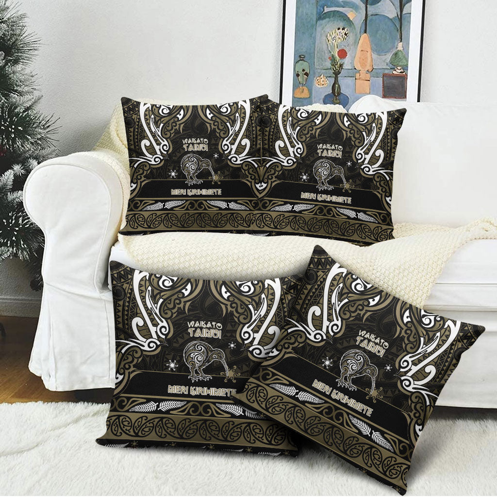 Waikato Tainui Aotearoa Meri Kirihimete Pillow Cover Maori Kiwi Bird Silver Fern Koru Pattern