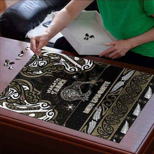 Waikato Tainui Aotearoa Meri Kirihimete Puzzle Maori Kiwi Bird Silver Fern Koru Pattern