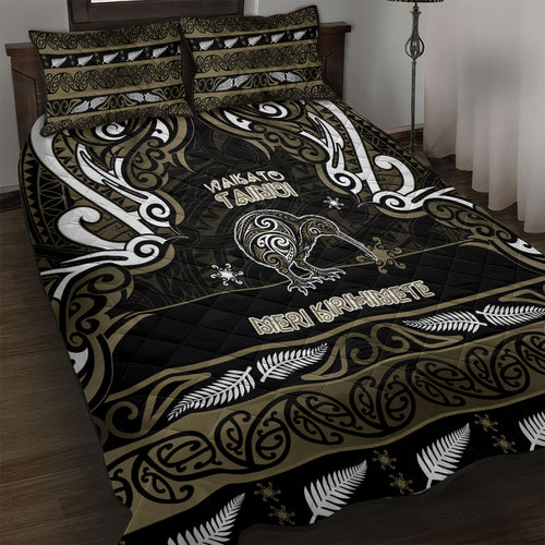 Waikato Tainui Aotearoa Meri Kirihimete Quilt Bed Set Maori Kiwi Bird Silver Fern Koru Pattern
