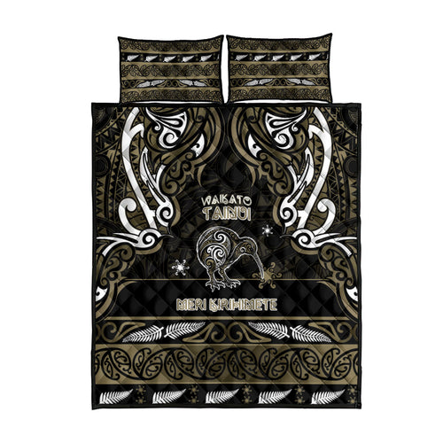 Waikato Tainui Aotearoa Meri Kirihimete Quilt Bed Set Maori Kiwi Bird Silver Fern Koru Pattern