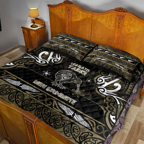 Waikato Tainui Aotearoa Meri Kirihimete Quilt Bed Set Maori Kiwi Bird Silver Fern Koru Pattern