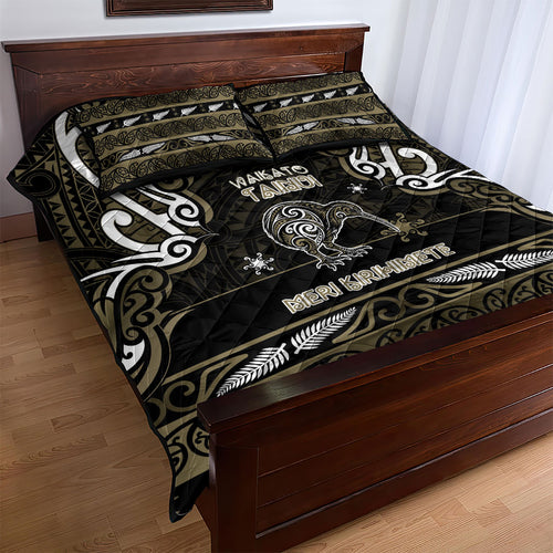 Waikato Tainui Aotearoa Meri Kirihimete Quilt Bed Set Maori Kiwi Bird Silver Fern Koru Pattern