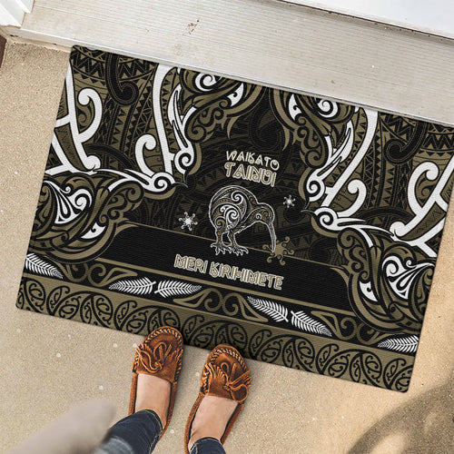 Waikato Tainui Aotearoa Meri Kirihimete Rubber Doormat Maori Kiwi Bird Silver Fern Koru Pattern
