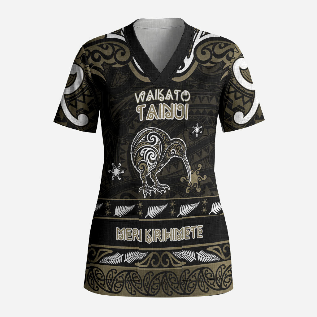 Personalised Waikato Tainui Aotearoa Meri Kirihimete Scrub Top Maori Kiwi Bird Silver Fern Koru Pattern
