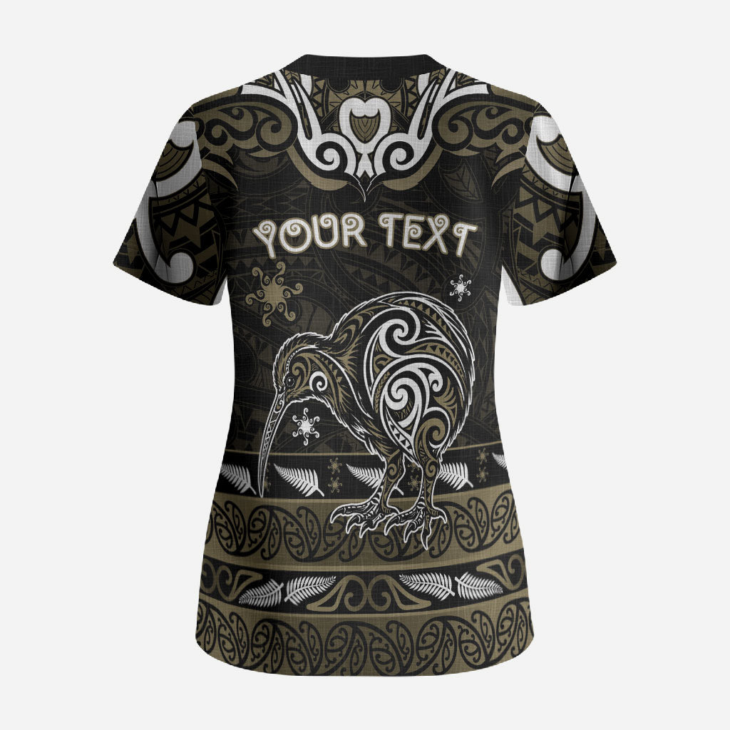 Personalised Waikato Tainui Aotearoa Meri Kirihimete Scrub Top Maori Kiwi Bird Silver Fern Koru Pattern