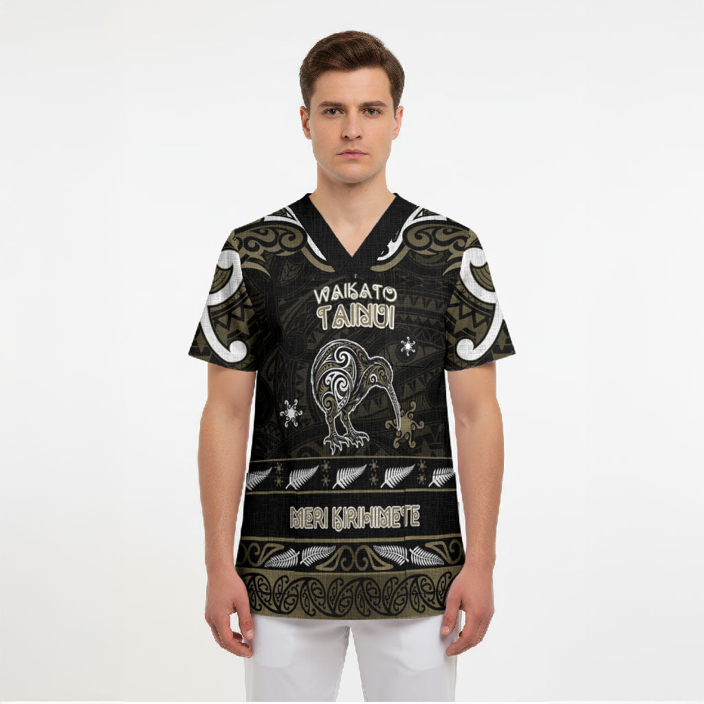 Personalised Waikato Tainui Aotearoa Meri Kirihimete Scrub Top Maori Kiwi Bird Silver Fern Koru Pattern