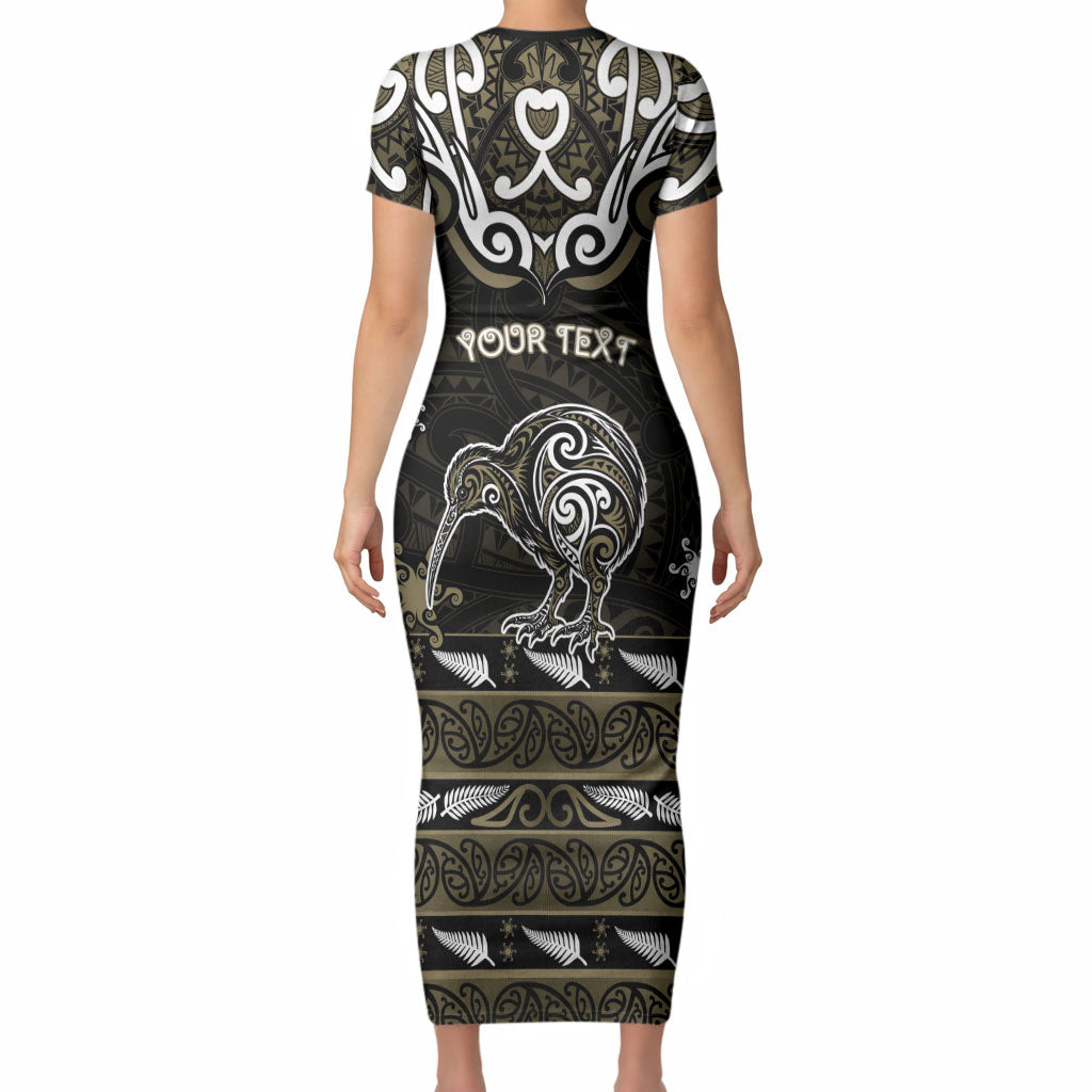 Personalised Waikato Tainui Aotearoa Meri Kirihimete Short Sleeve Bodycon Dress Maori Kiwi Bird Silver Fern Koru Pattern
