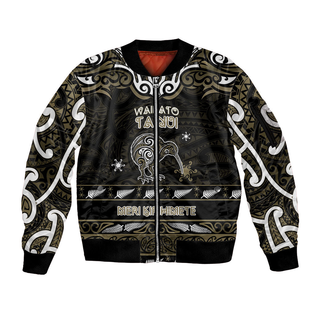 Personalised Waikato Tainui Aotearoa Meri Kirihimete Sleeve Zip Bomber Jacket Maori Kiwi Bird Silver Fern Koru Pattern