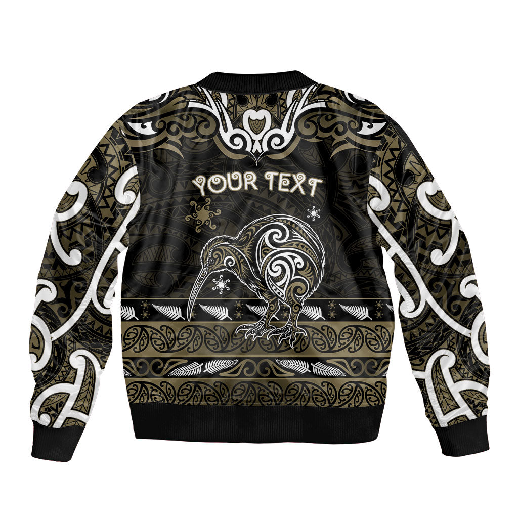 Personalised Waikato Tainui Aotearoa Meri Kirihimete Sleeve Zip Bomber Jacket Maori Kiwi Bird Silver Fern Koru Pattern